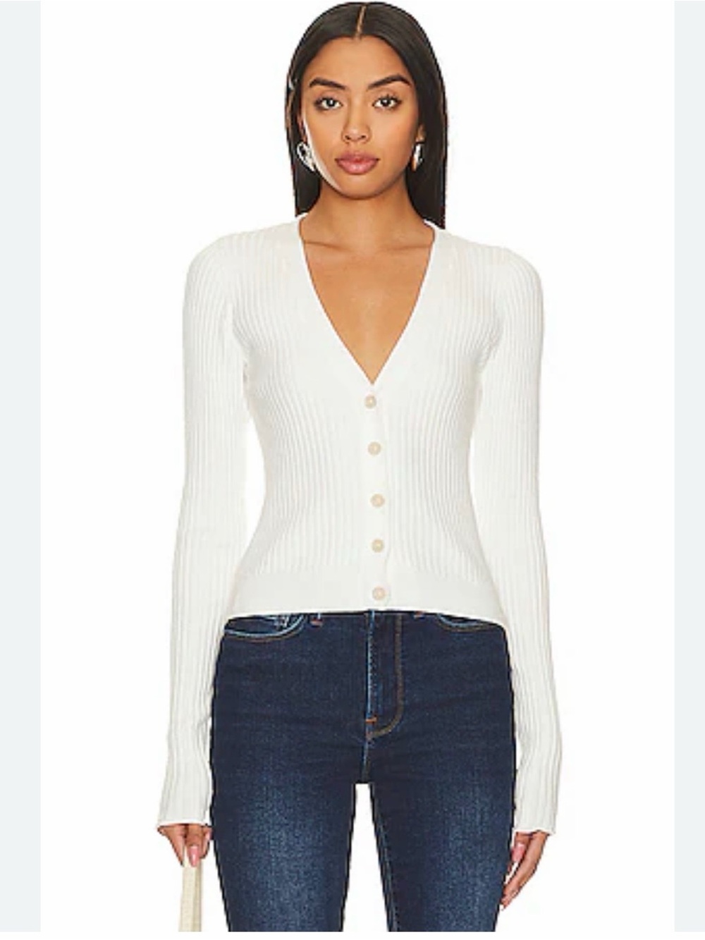 Good American  Ribbed V-Neck Button Cardigan - White